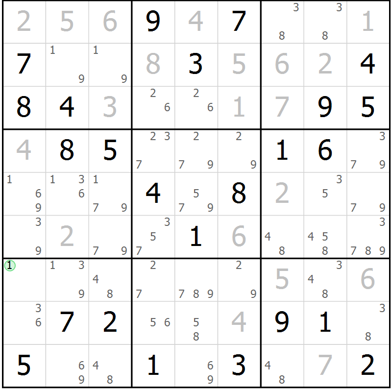 Position des candidats pour la solution de la Gr 58 page 61 du magazine de sudoku Maestro n° 102