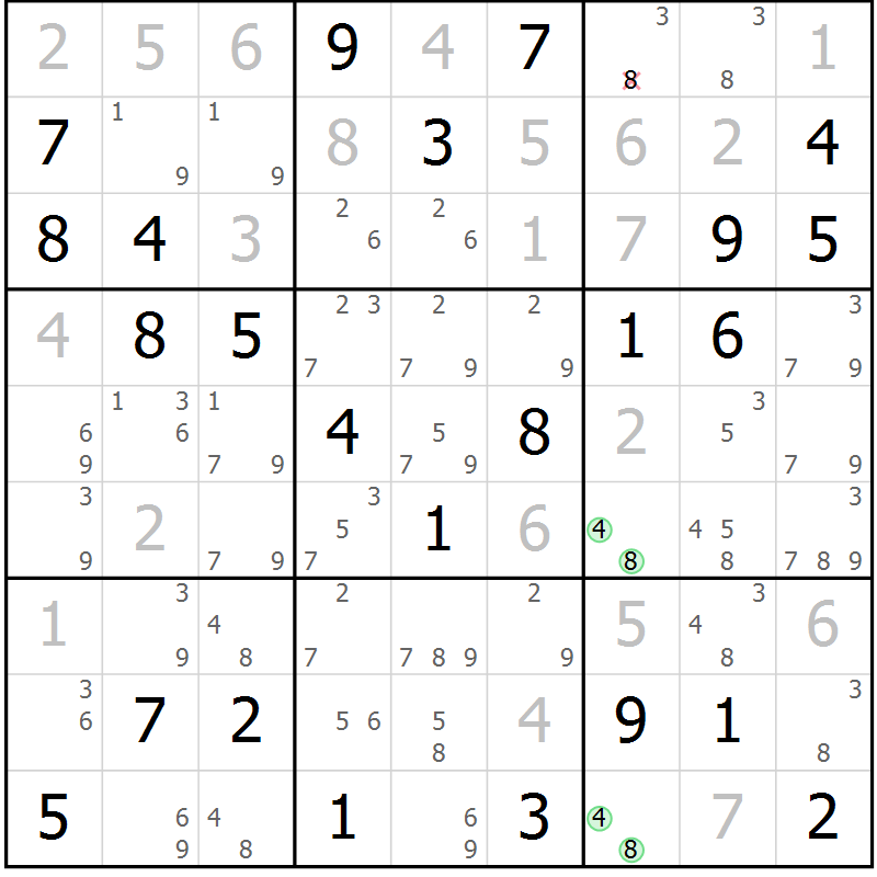 Position des candidats pour la solution de la Gr 58 page 61 du magazine de sudoku Maestro n° 102