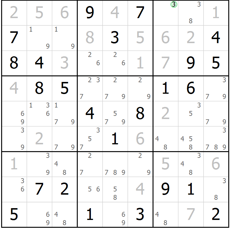 Position des candidats pour la solution de la Gr 58 page 61 du magazine de sudoku Maestro n° 102