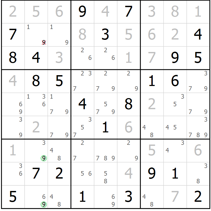Position des candidats pour la solution de la Gr 58 page 61 du magazine de sudoku Maestro n° 102