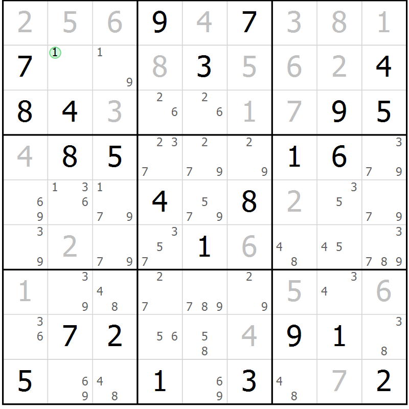 Position des candidats pour la solution de la Gr 58 page 61 du magazine de sudoku Maestro n° 102