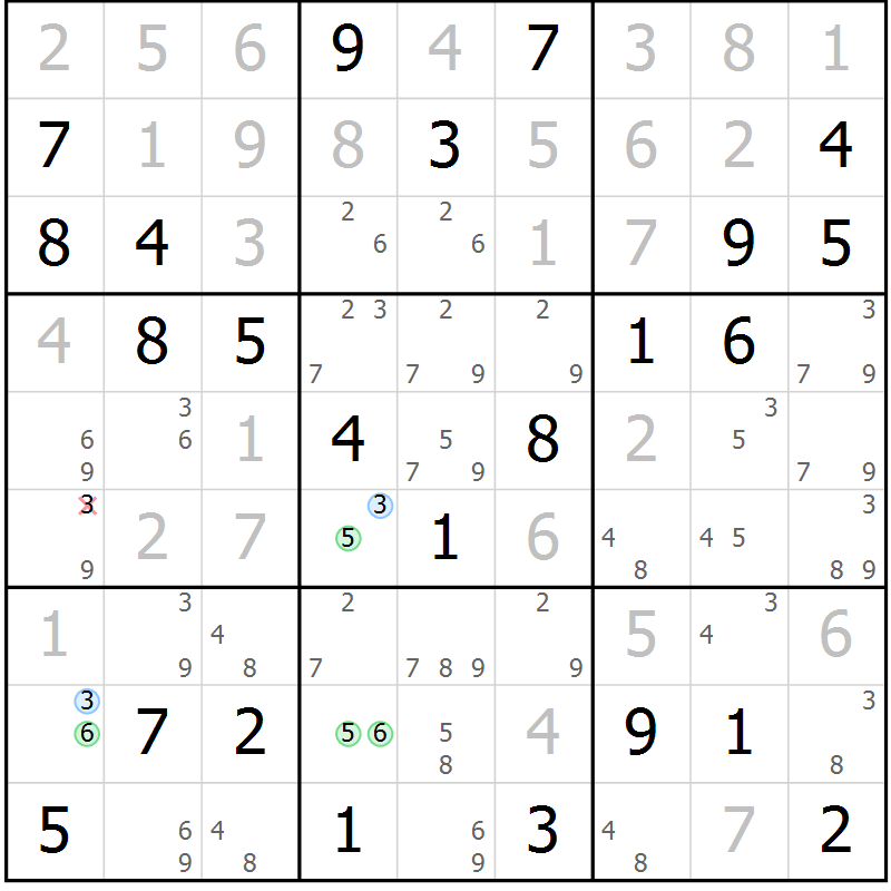 Position des candidats pour la solution de la Gr 58 page 61 du magazine de sudoku Maestro n° 102