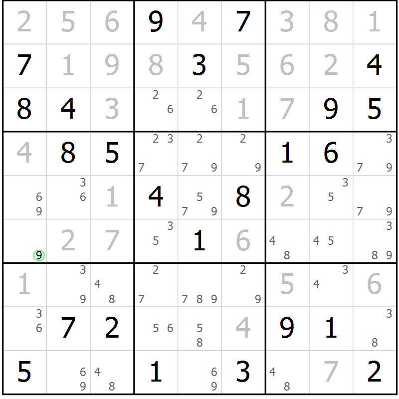 Position des candidats pour la solution de la Gr 58 page 61 du magazine de sudoku Maestro n° 102