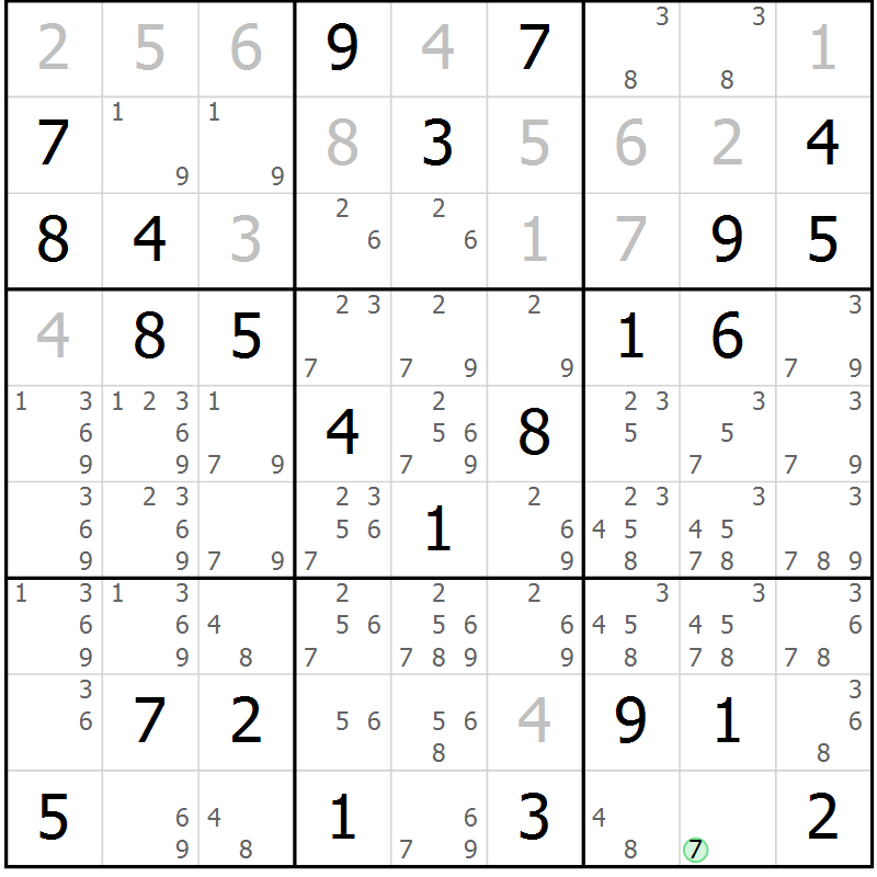 Position des candidats pour la solution de la Gr 58 page 61 du magazine de sudoku Maestro n° 102