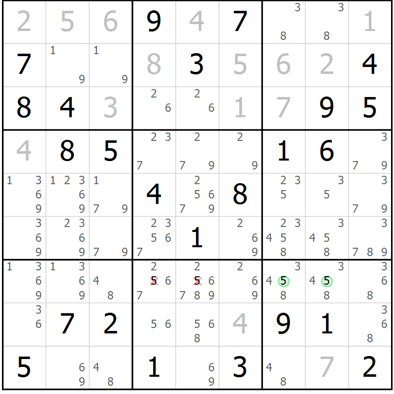 Position des candidats pour la solution de la Gr 58 page 61 du magazine de sudoku Maestro n° 102