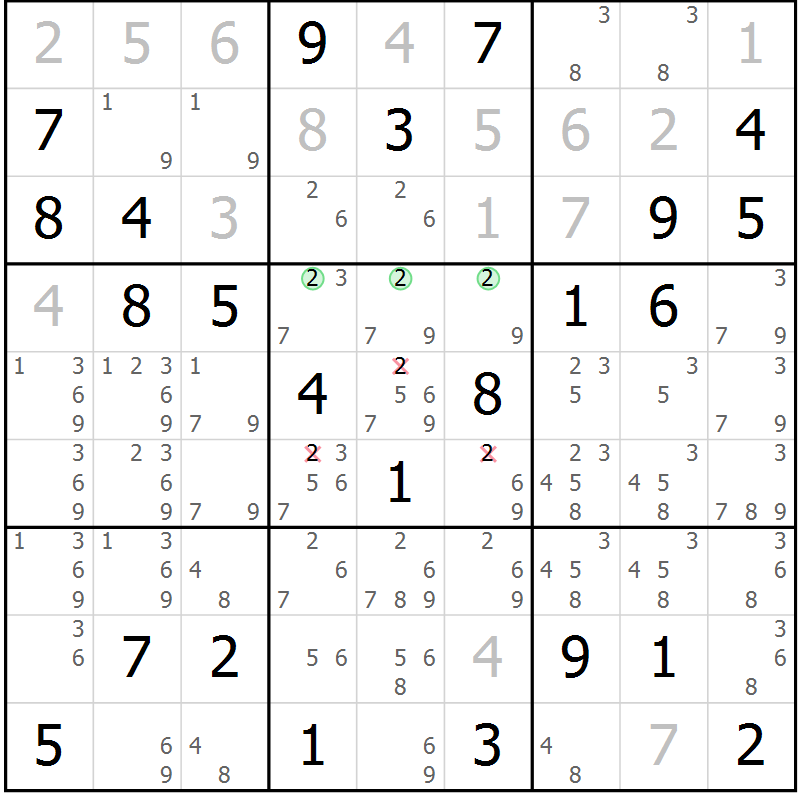 Position des candidats pour la solution de la Gr 58 page 61 du magazine de sudoku Maestro n° 102