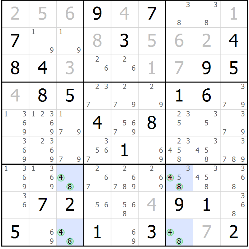 Position des candidats pour la solution de la Gr 58 page 61 du magazine de sudoku Maestro n° 102