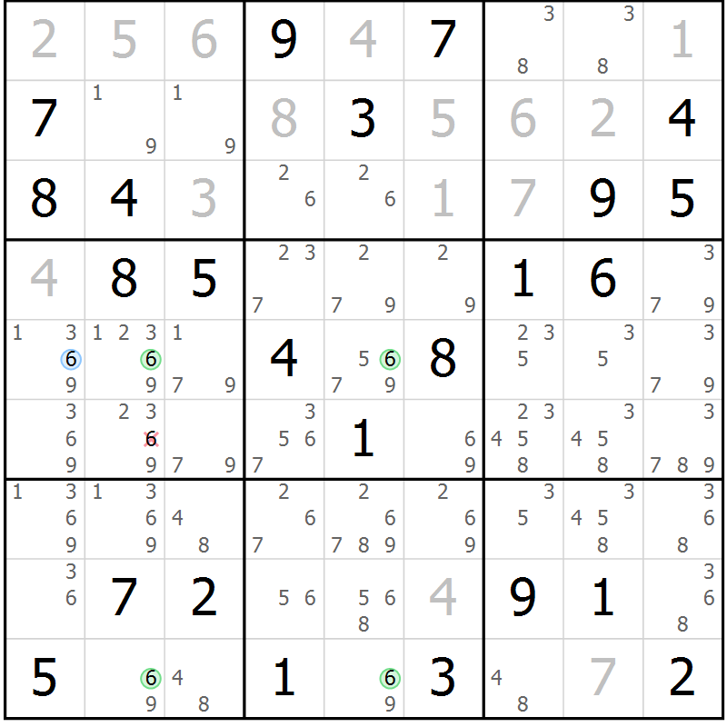 Position des candidats pour la solution de la Gr 58 page 61 du magazine de sudoku Maestro n° 102