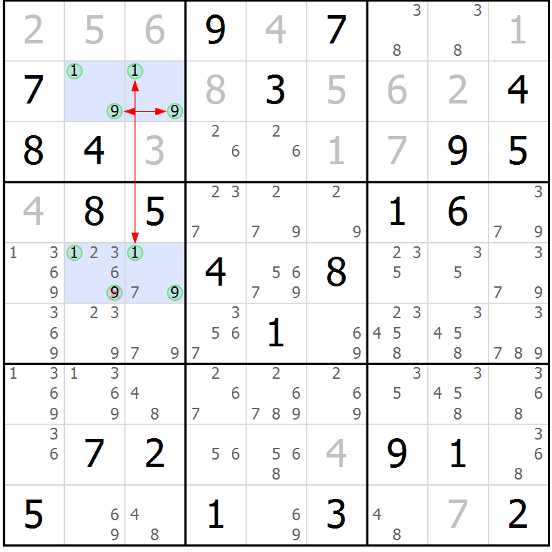 Position des candidats pour la solution de la Gr 58 page 61 du magazine de sudoku Maestro n° 102