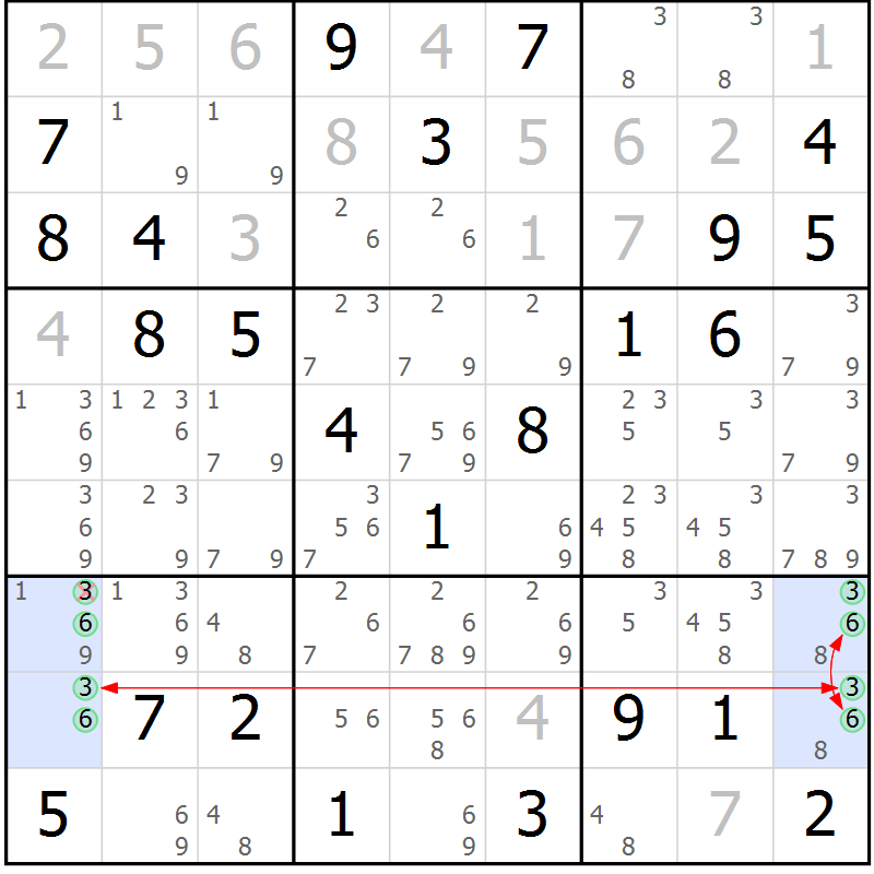 Position des candidats pour la solution de la Gr 58 page 61 du magazine de sudoku Maestro n° 102