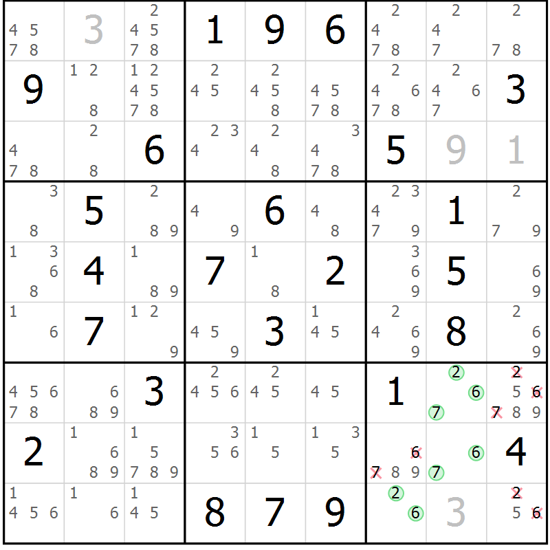 Position des candidats pour la solution de la Gr 59 page 62 du magazine de sudoku Maestro n° 102