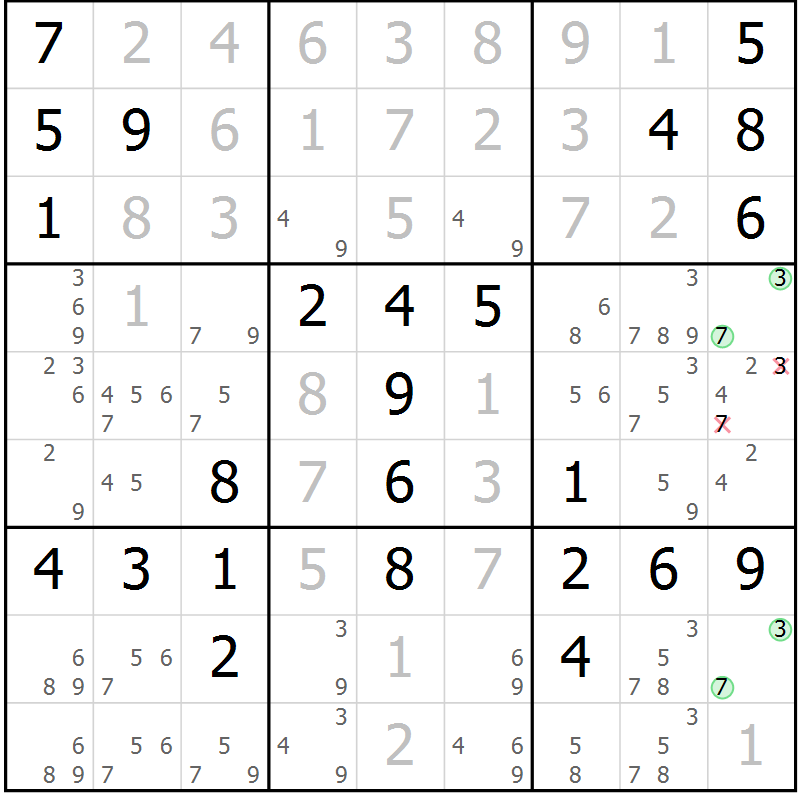 Position des candidats pour la solution de la Gr 6 page 9 du magazine de sudoku Maestro n° 102