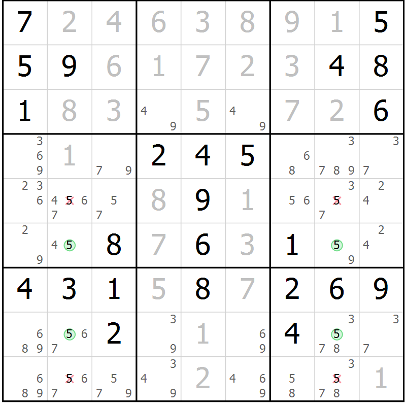 Position des candidats pour la solution de la Gr 6 page 9 du magazine de sudoku Maestro n° 102