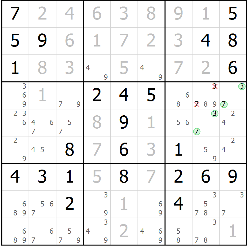 Position des candidats pour la solution de la Gr 6 page 9 du magazine de sudoku Maestro n° 102