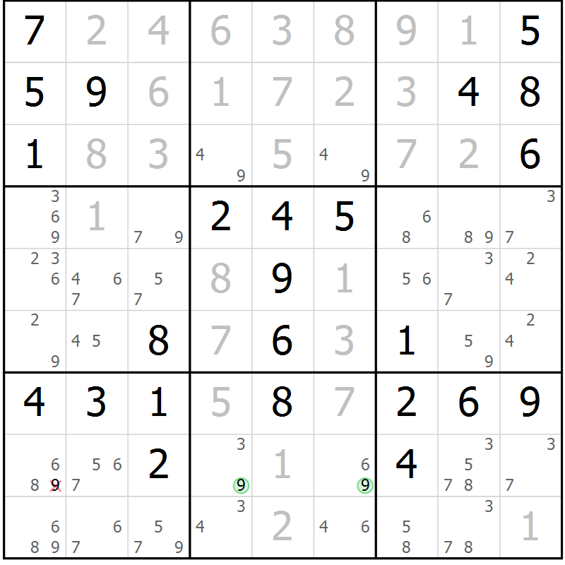 Position des candidats pour la solution de la Gr 6 page 9 du magazine de sudoku Maestro n° 102