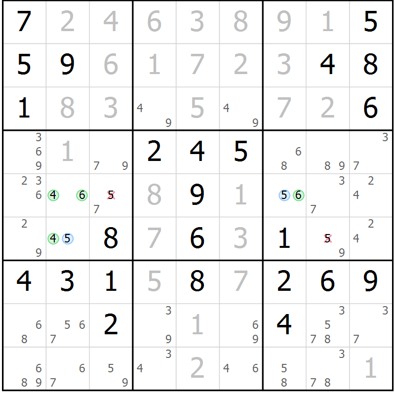 Position des candidats pour la solution de la Gr 6 page 9 du magazine de sudoku Maestro n° 102