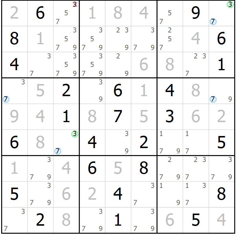 Position des candidats pour la solution de la Gr 60 page 63 du magazine de sudoku Maestro n° 102