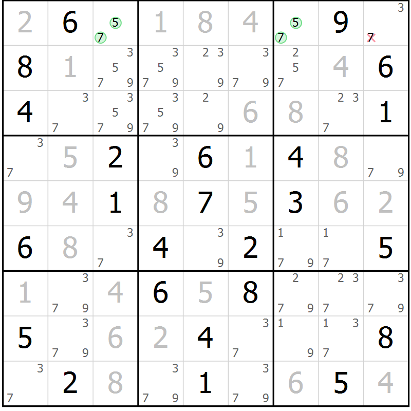 Position des candidats pour la solution de la Gr 60 page 63 du magazine de sudoku Maestro n° 102