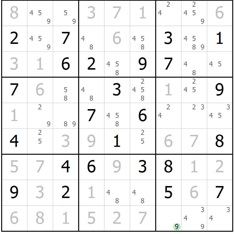 Position des candidats pour la solution de la Gr 61 page 64 du magazine de sudoku Maestro n° 102
