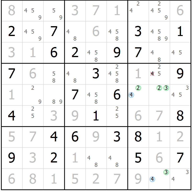 Position des candidats pour la solution de la Gr 61 page 64 du magazine de sudoku Maestro n° 102
