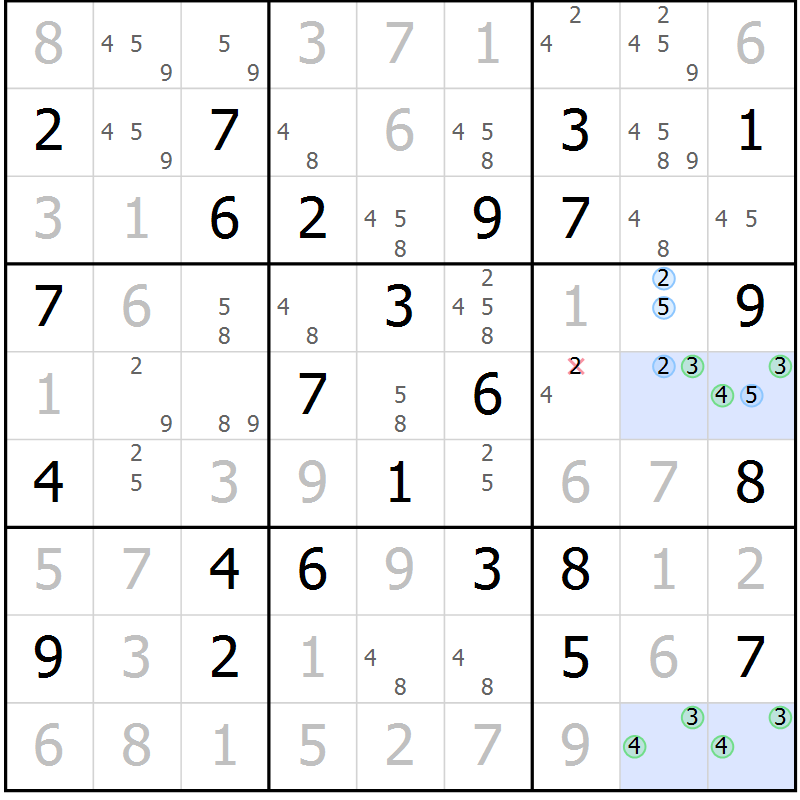 Position des candidats pour la solution de la Gr 61 page 64 du magazine de sudoku Maestro n° 102
