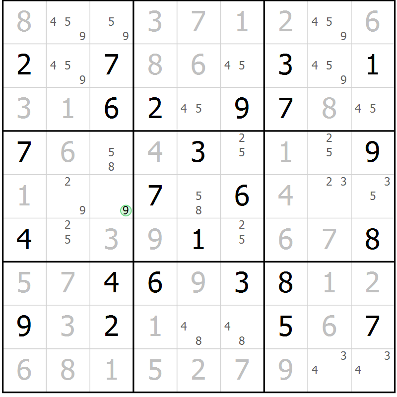 Position des candidats pour la solution de la Gr 61 page 64 du magazine de sudoku Maestro n° 102