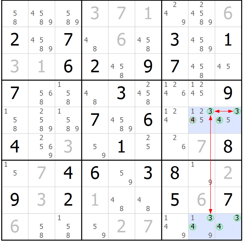 Position des candidats pour la solution de la Gr 61 page 64 du magazine de sudoku Maestro n° 102