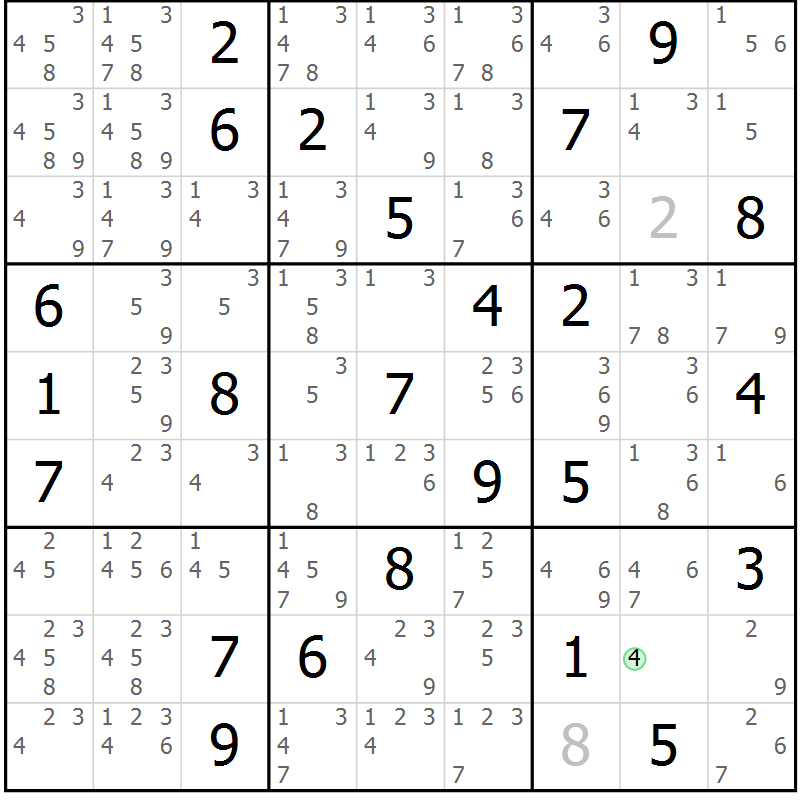Position des candidats pour la solution de la Gr 62 page 65 du magazine de sudoku Maestro n° 102