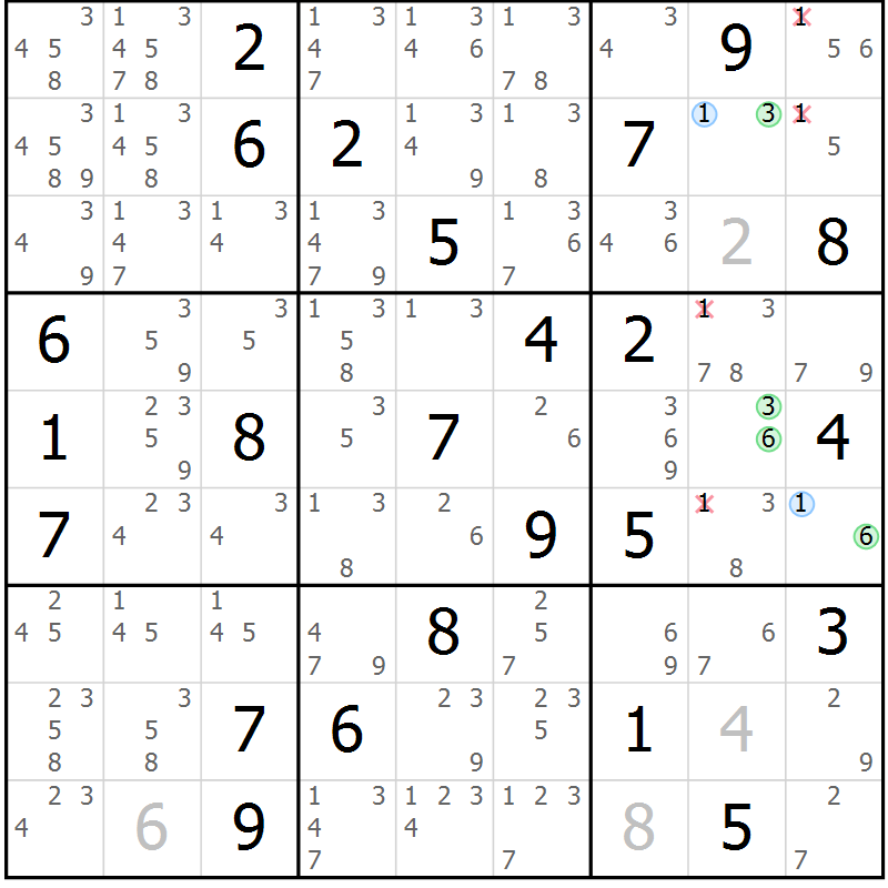 Position des candidats pour la solution de la Gr 62 page 65 du magazine de sudoku Maestro n° 102
