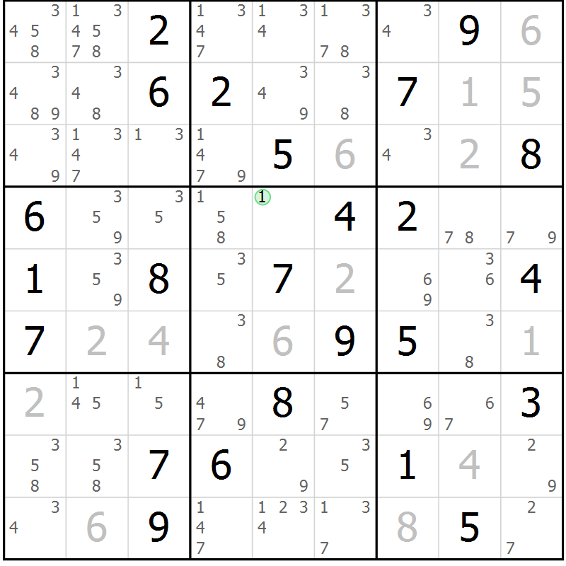 Position des candidats pour la solution de la Gr 62 page 65 du magazine de sudoku Maestro n° 102