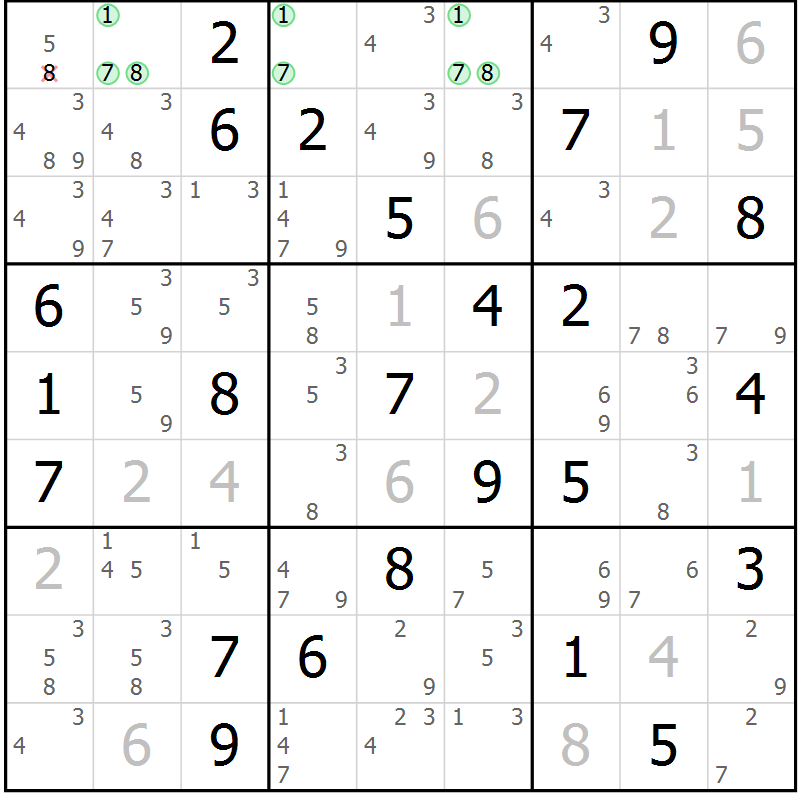 Position des candidats pour la solution de la Gr 62 page 65 du magazine de sudoku Maestro n° 102