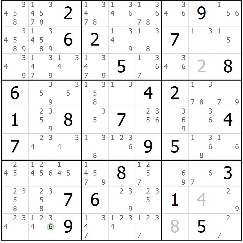 Position des candidats pour la solution de la Gr 62 page 65 du magazine de sudoku Maestro n° 102