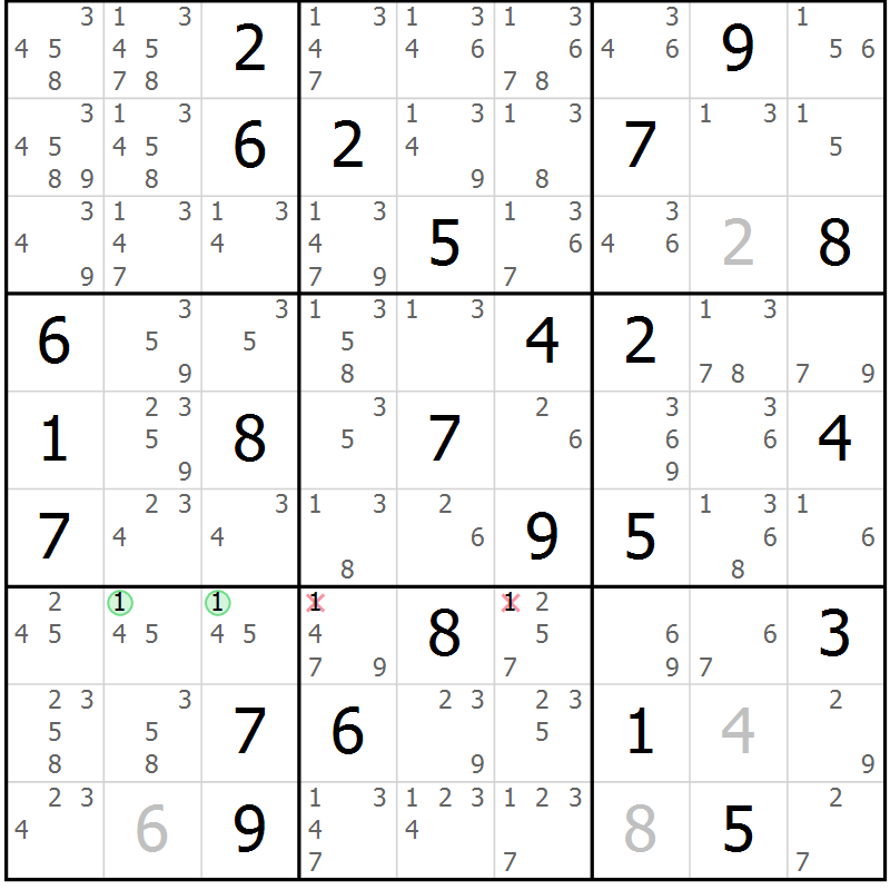 Position des candidats pour la solution de la Gr 62 page 65 du magazine de sudoku Maestro n° 102