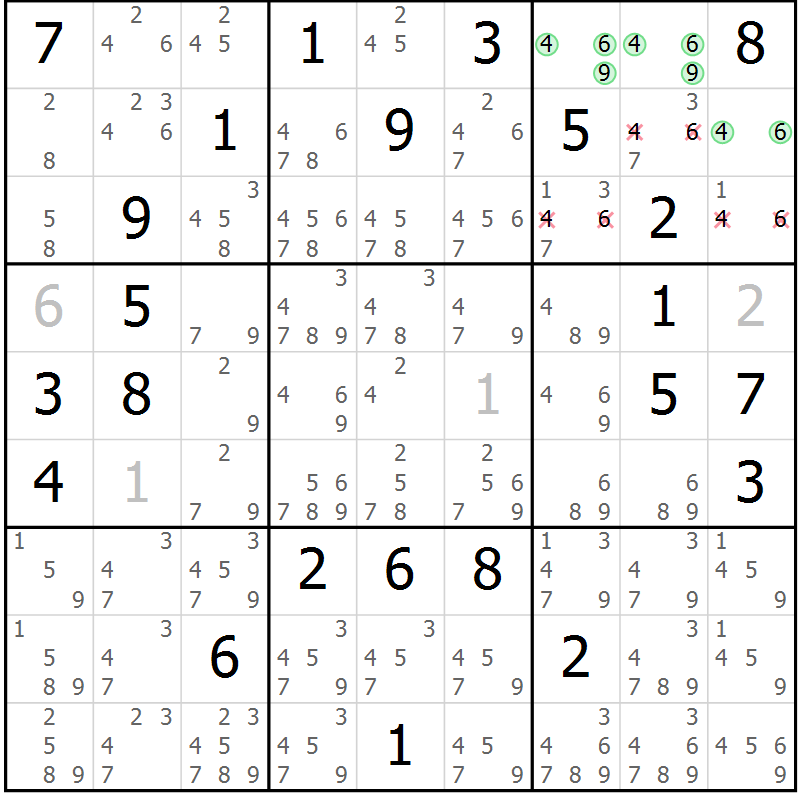 Position des candidats pour la solution de la Gr 63 page 66 du magazine de sudoku Maestro n° 102