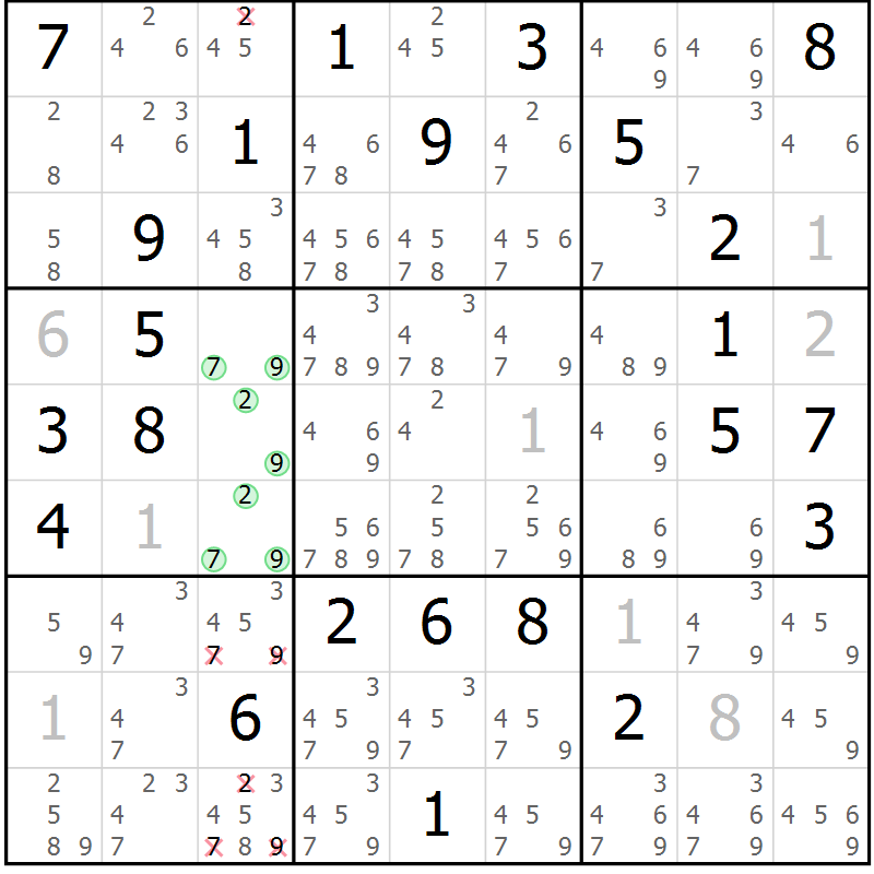 Position des candidats pour la solution de la Gr 63 page 66 du magazine de sudoku Maestro n° 102