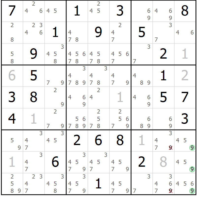 Position des candidats pour la solution de la Gr 63 page 66 du magazine de sudoku Maestro n° 102