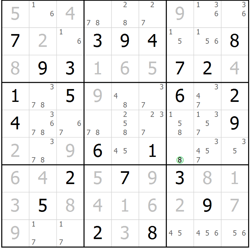 Position des candidats pour la solution de la Gr 64 page 67 du magazine de sudoku Maestro n° 102