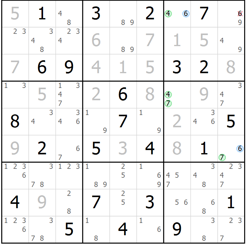 Position des candidats pour la solution de la Gr 65 page 68 du magazine de sudoku Maestro n° 102