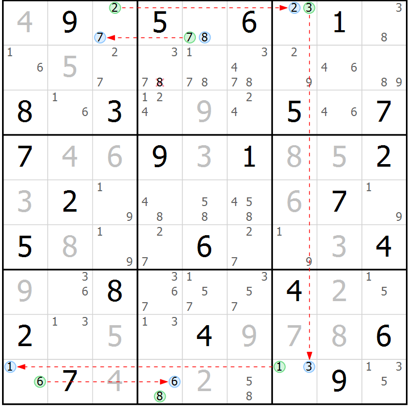 Position des candidats pour la solution de la Gr 66 page 69 du magazine de sudoku Maestro n° 102