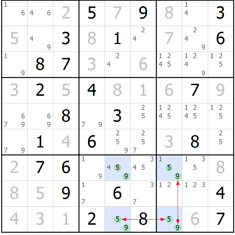 Position des candidats pour la solution de la Gr 67 page 70 du magazine de sudoku Maestro n° 102