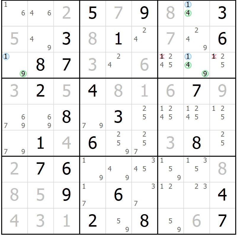 Position des candidats pour la solution de la Gr 67 page 70 du magazine de sudoku Maestro n° 102
