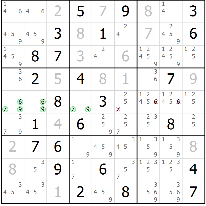 Position des candidats pour la solution de la Gr 67 page 70 du magazine de sudoku Maestro n° 102