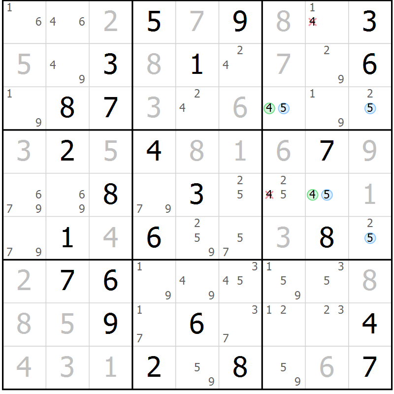 Position des candidats pour la solution de la Gr 67 page 70 du magazine de sudoku Maestro n° 102