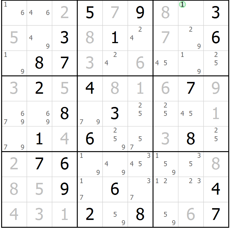 Position des candidats pour la solution de la Gr 67 page 70 du magazine de sudoku Maestro n° 102