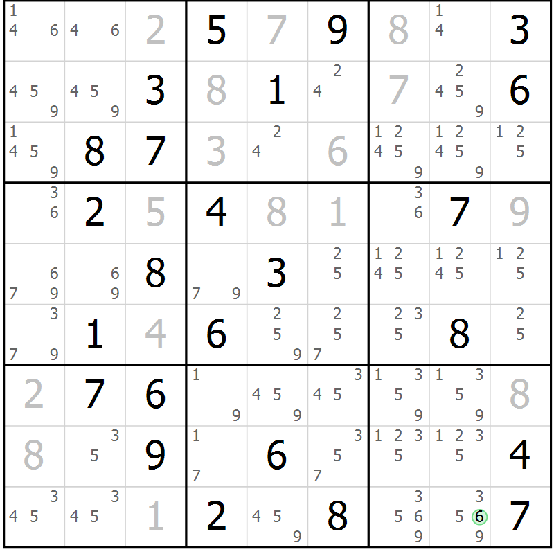 Position des candidats pour la solution de la Gr 67 page 70 du magazine de sudoku Maestro n° 102