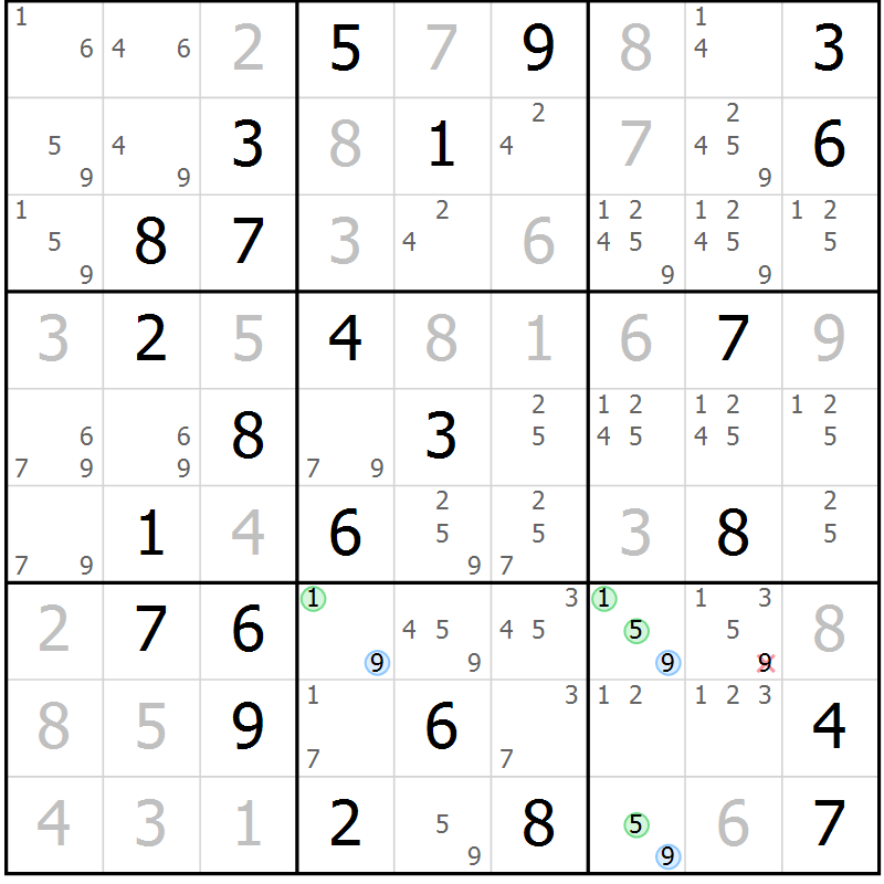 Position des candidats pour la solution de la Gr 67 page 70 du magazine de sudoku Maestro n° 102