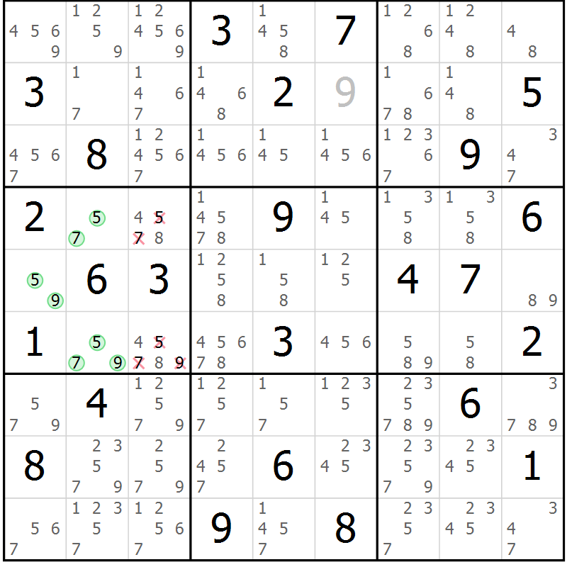 Position des candidats pour la solution de la Gr 68 page 71 du magazine de sudoku Maestro n° 102