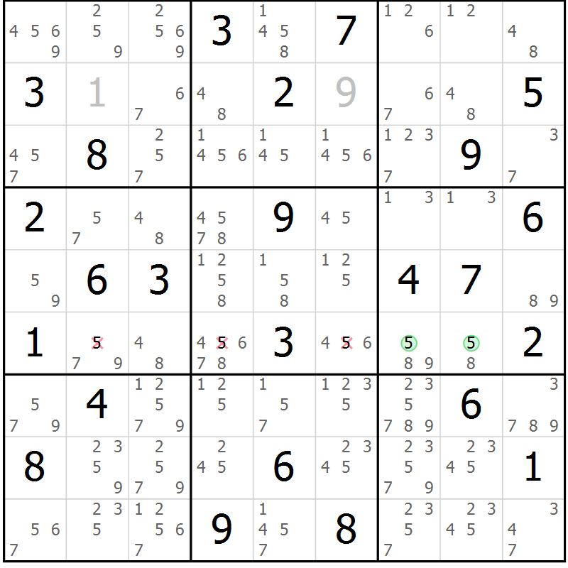 Position des candidats pour la solution de la Gr 68 page 71 du magazine de sudoku Maestro n° 102