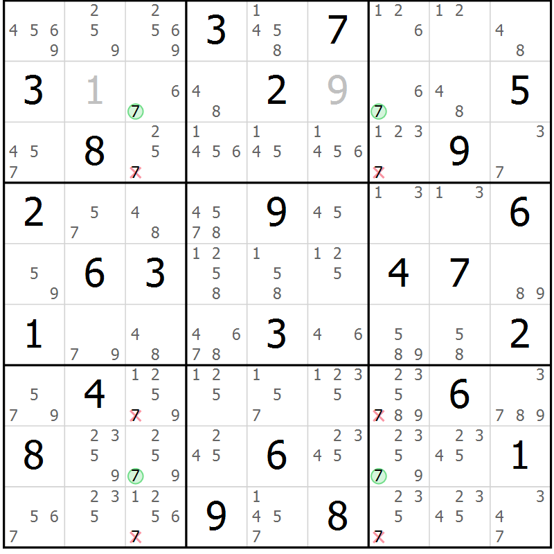 Position des candidats pour la solution de la Gr 68 page 71 du magazine de sudoku Maestro n° 102