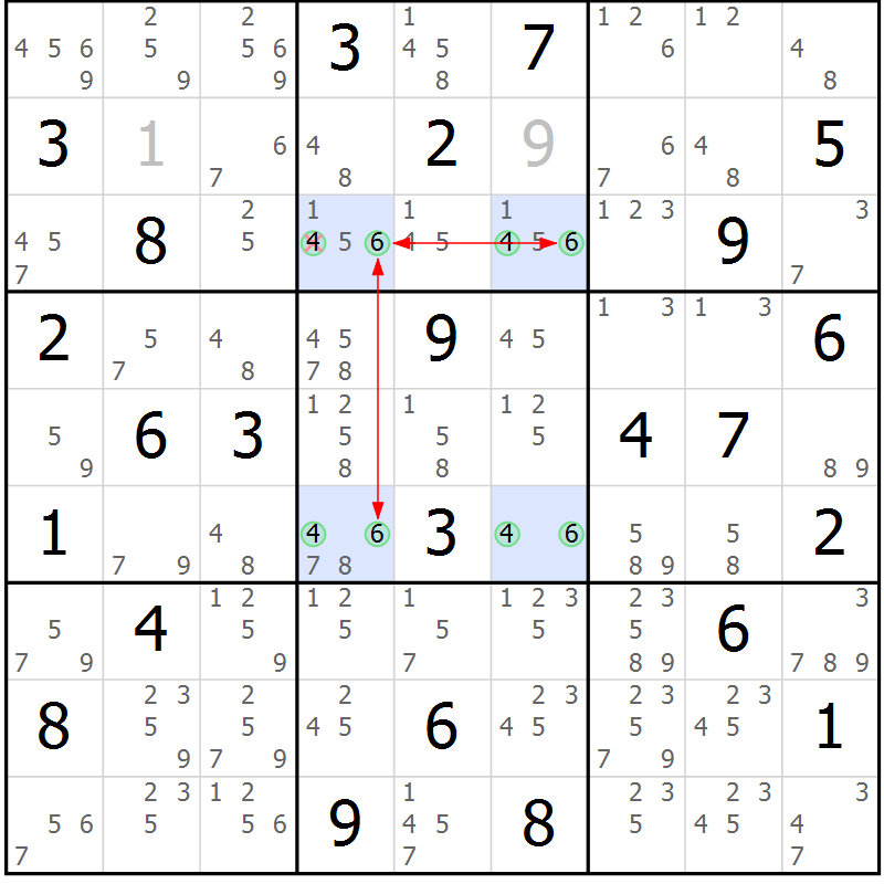 Position des candidats pour la solution de la Gr 68 page 71 du magazine de sudoku Maestro n° 102